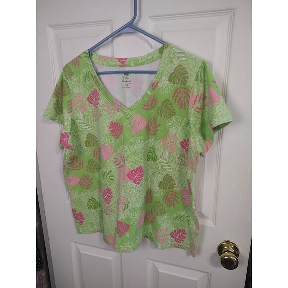 Palm Harbour Woman 1X Tee Green/Pink Leaf Short Sleeve Pullover Stretch Casual - Picture 2 of 7